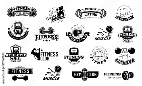 Retro fitness center logos. Black and white collection with barbells, dumbbells, kettlebells and strong arms. Vintage theme perfect for gym branding, apparel and sports supplement. Vector labels