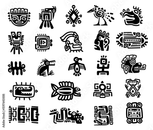 Ancient tribal icons of Aztec, Inca and Mexican cultures. Masks, totems animals, gods and geometric symbols. Spiritual mythological elements. Bold black and white abstract vector illustration set