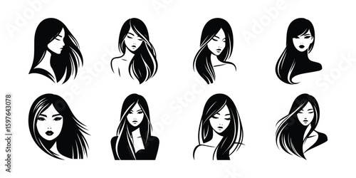 Black & White Vector Art: 8 Elegant Women with Flowing Black Hair, Beauty Salon & Fashion Illustration, Hair Styling Icons & Logo Design Elements