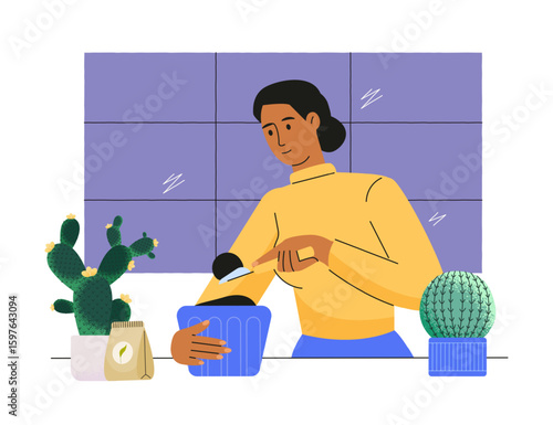 Young woman taking care of houseplants surrounded by cacti. Houseplant care concept, hobby and leisure. Preparing for planting, fertilizing houseplant. Flat vector illustration