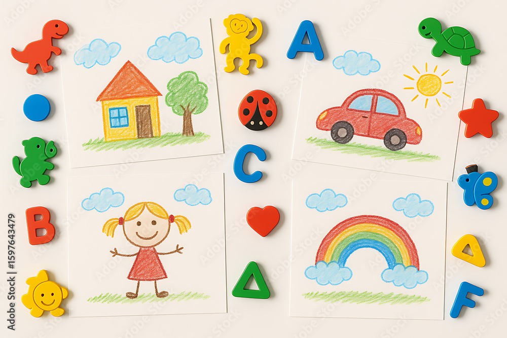 Fototapeta premium Flat lay of kids’ drawings and colorful fridge magnets on white background, child’s drawing stuck to fridge