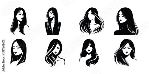 Black & White Vector Illustrations of Women with Flowing Hair: Beauty Salon, Fashion, Hairstyle, and Feminine Design Elements