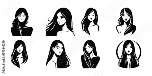 Elegant Woman Silhouette Vector Art: Black & White Illustrations of Beautiful Women with Flowing Hair - Beauty & Fashion Graphics
