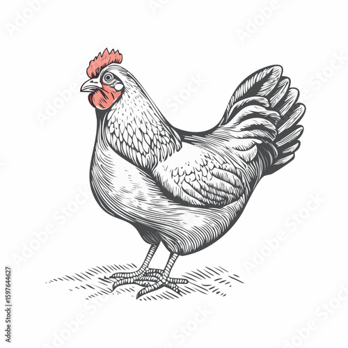 Graphical drawn hen. Hand-drawn retro picture with a poultry in an engraving style