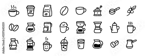 Hand drawn coffee icons set vector illustration coffee shop equipment and coffee beans doodle style design 