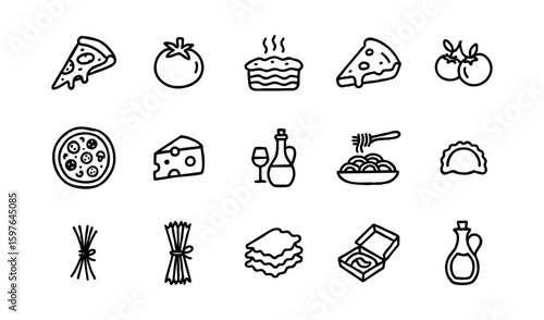 Italian food icons set vector illustration pizza pasta tomato cheese wine spaghetti lasagna ravioli olive oil 