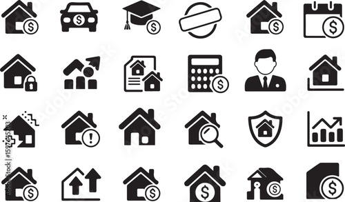 Loans and Mortgages Glyph Icon Set – Finance, Banking, and Real Estate Vector Symbols.Loans mortgages glyph icon set. Vector pictograms of percent calendar, payment, interest, agreement, broker, bus

