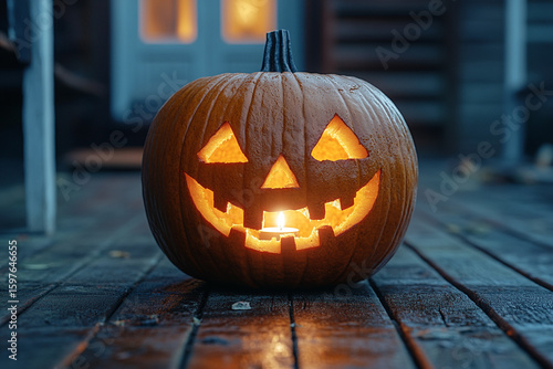 Glowing Jack O Lantern on Dark Wooden Planks halloween