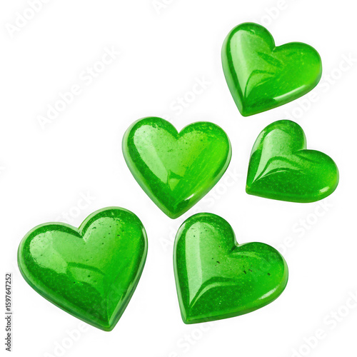 Five shiny green heart shaped objects with subtle speckles isolated on transparent background