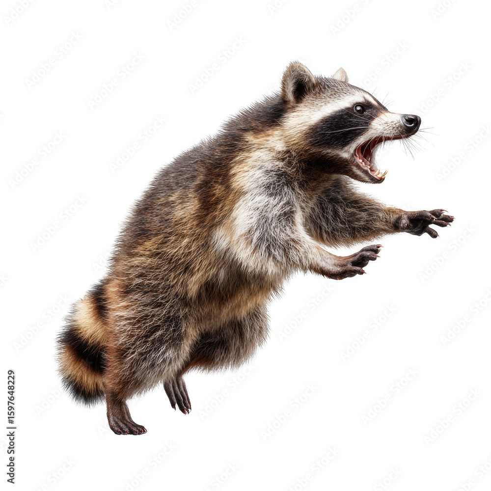 Fototapeta premium A raccoon is jumping in the air and has its mouth open