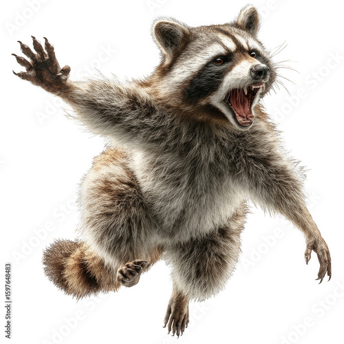 A raccoon is jumping in the air and has its mouth open