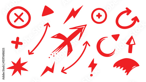 Expressive Red Mark Icons: A captivating collection of hand-drawn red icons, symbols, and graphic elements, each radiating a unique artistic energy and designed to draw attention.