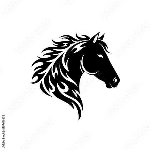 Stylized horse head silhouette with flowing mane, representing strength and beauty. Horse imagery evokes powerful cultural symbolism and connection to traditions.