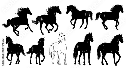 Dynamic horse silhouettes showcasing varied poses and actions, including galloping, trotting, and standing horses.
