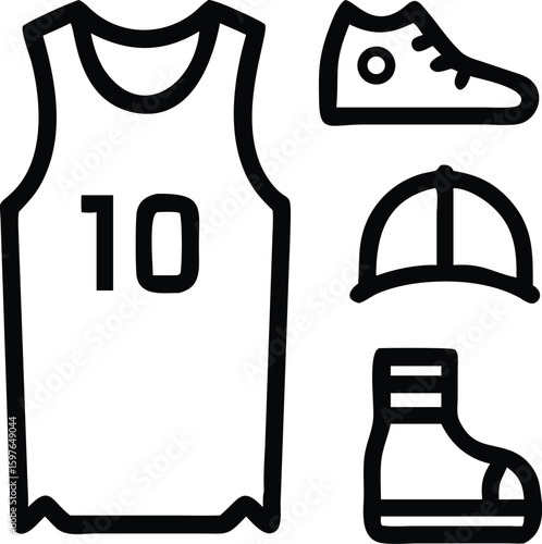 Basketball Uniform, Shoes, Cap and Accessories Icon Set – Vector Silhouettes