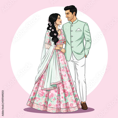 Modern Indian Couple in Floral Ethnic Outfits Stylish Cartoon Vector Illustration