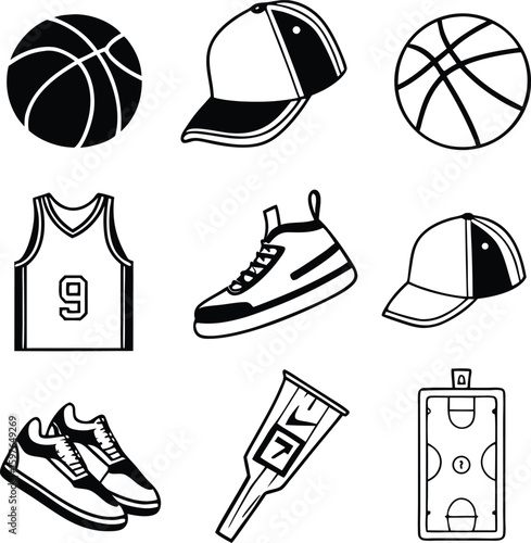Basketball Uniform, Shoes, Cap and Accessories Icon Set – Vector Silhouettes