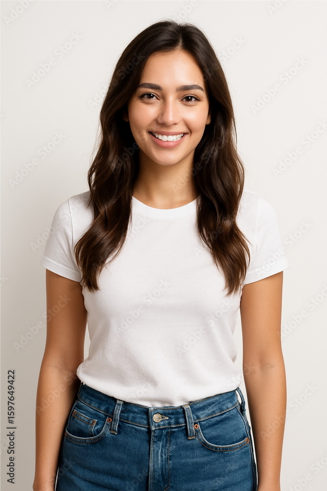 Obraz premium Smiling young woman standing against white background