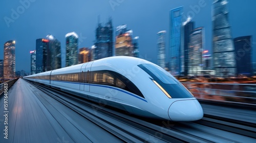 Wallpaper Mural Futuristic train speeding through a city at dusk Torontodigital.ca