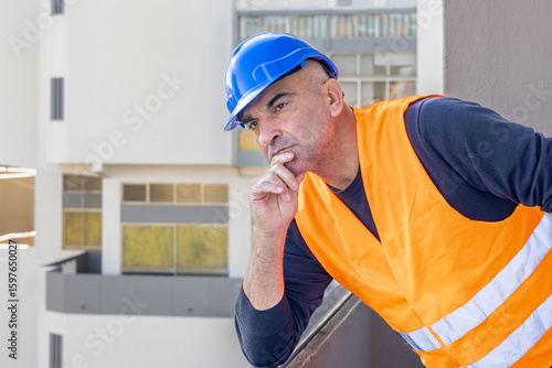 Portrait of an engineer wearing protective workwear posing looking at an unspecified point leaning chin on hand