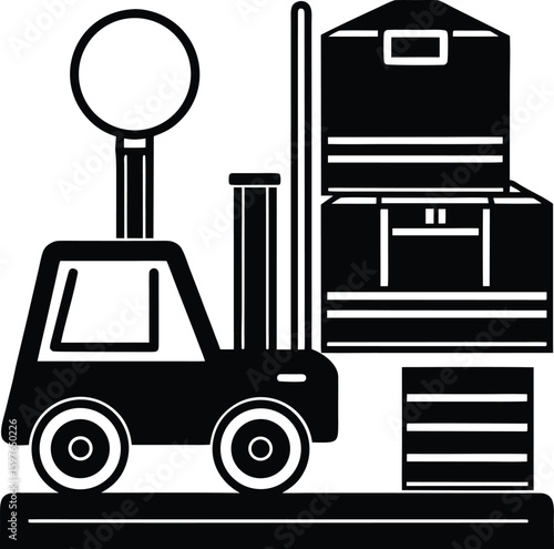 This vector illustration depicts a forklift truck icon and a set of vinyl-ready truck vectors, business, flat, service, automated, technology