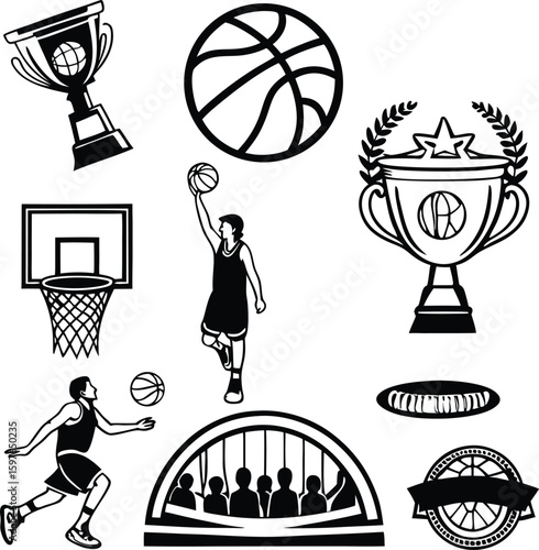 Basketball Trophy, Player, Ball, and Hoop Icon Set – Vector Silhouettes