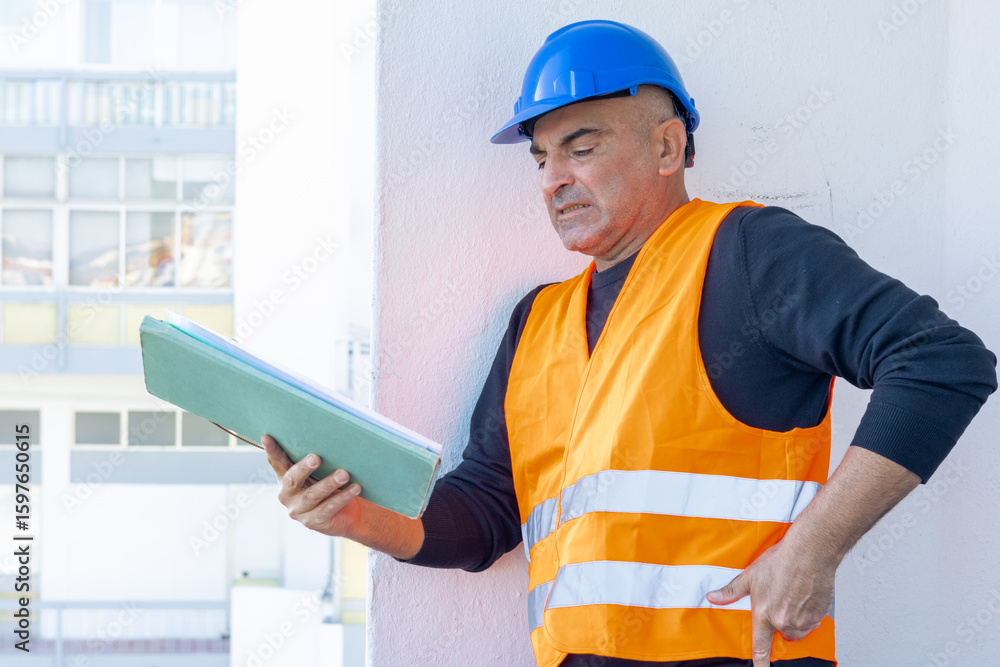 Fototapeta premium Injured construction worker or engineer suffering backpain. A warehouse worker in pain holding his back and making painful grimace