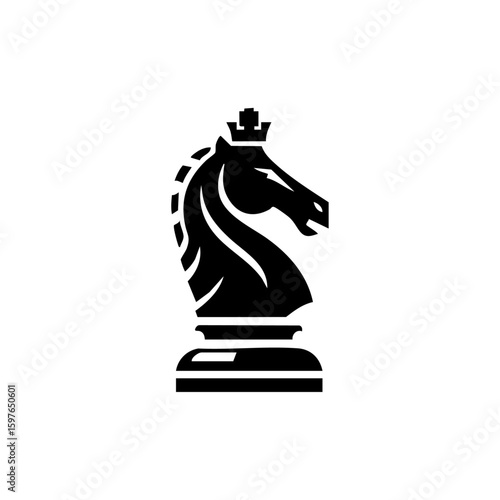 Minimalist black vector of a crowned chess knight piece, representing intelligence, tactics, and strategic thinking.

