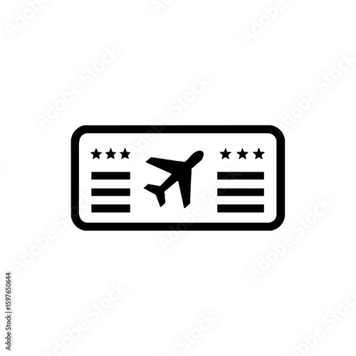 Vector icon of a flight boarding pass with an airplane and stars, representing airline travel, ticketing, or premium flight access.
