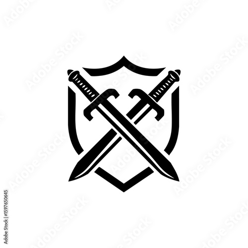 Minimalist black vector logo of crossed swords behind a simple shield, representing defense, power, and martial identity.

