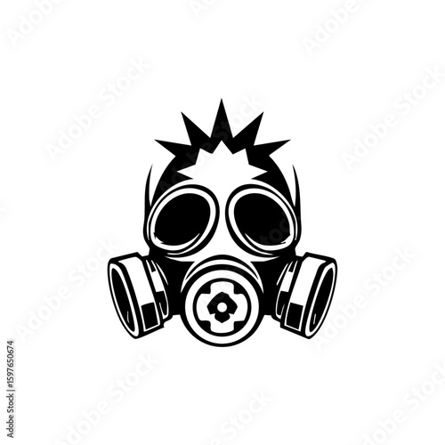 Minimalist black gas mask icon with circular filters and stylized punk spikes, symbolizing protection, toxicity, or rebellion.

