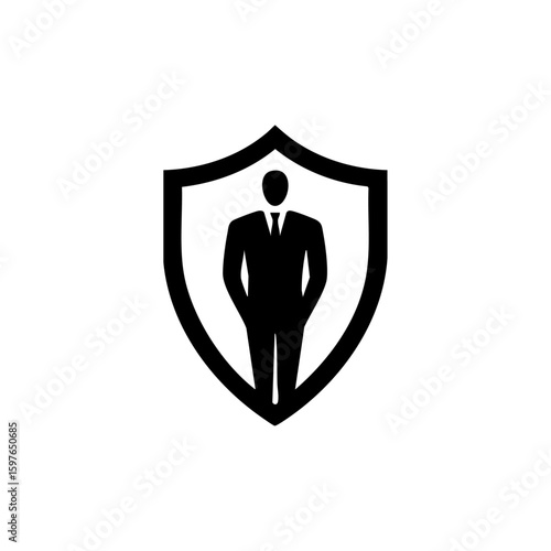 Vector logo of a suited human figure inside a shield, symbolizing professional protection, business security, or private consultancy.

