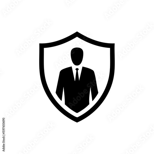 Minimalist vector icon of a human figure in a suit inside a shield, representing VIP protection or corporate security services.

