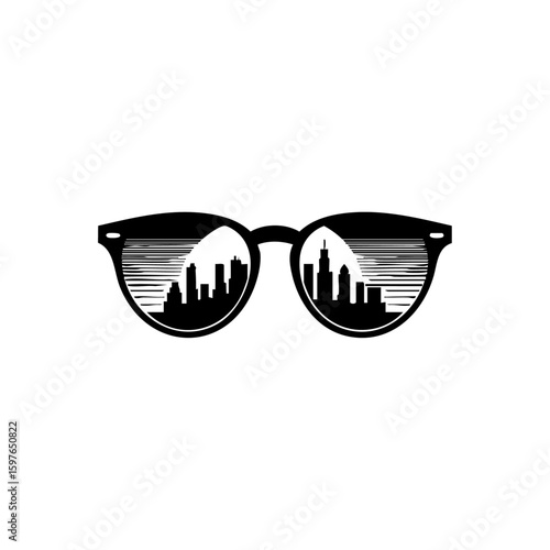 Minimalist vector logo of sunglasses with striped city skyline reflection, representing urban aesthetics, lifestyle branding, or architecture themes.

