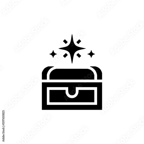 Minimalist vector icon of a glowing treasure chest with star-shaped sparkles, symbolizing wealth, reward, or magical discovery.
