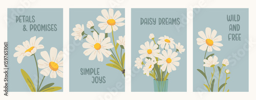 Daisies Motivational Cards. Printable tags, posters, gift cards with flat flowers. Vector illustrations with camomile