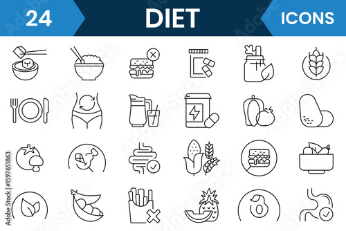Nutrition and Diet Icon set. Balanced Diet Symbol, Fitness and Nutrition Icon,  Containing food, vegetables, water, meal planning, Slimming, healthy fats and carbohydrate icons. Vector illustration.