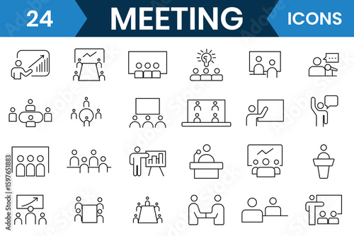 Meeting icon set. Containing conference, business meeting, classroom, team, interview, conference, work, discussion, presentation, seminar, assembly, agreement and more. Vector illustration.