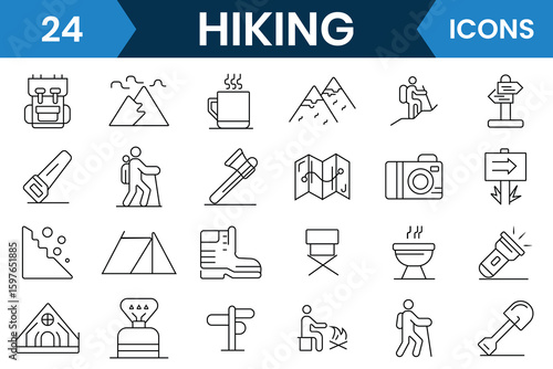 Hiking icon vector set. Mountain hiking icon set. Adventure mountain hiking icon. Activity, nature, trekking, walk, adventure concept design element. Vector illustration.