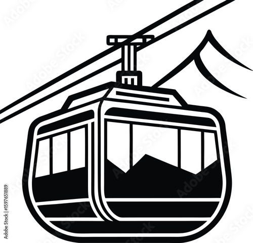 Black silhouette vector illustration of a cable car over a city, with construction vehicles and industrial equipment, machinery work, tool, heavy, site, industry