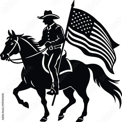 Dynamic black silhouette vector illustration of a cowboy rider on a galloping horse, ideal for equestrian sport designs ,activity, horseback riding, sky, trail, character