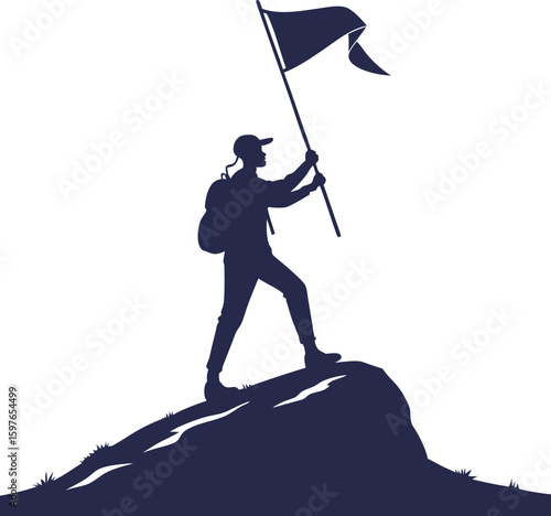 Silhouette of hiker standing on mountain peak holding flag of achievement