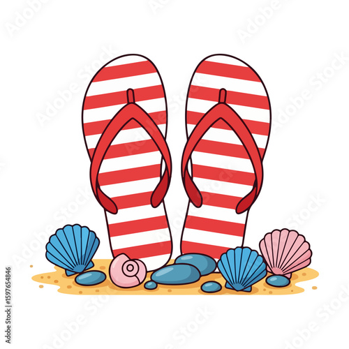 Flat design icon of red and white striped flip-flops upright on sandy ground, surrounded by colorful seashells and smooth pebbles, against a clean white background with a playful beach vibe