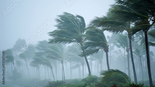 palm trees blowing in strong wind, hurricane weather, tropical storm, coastal wind, natural disaster .
