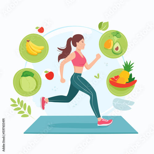 Flat vector of a person jogging, eating healthy food, and doing yoga, active lifestyle concept, bright and clean look