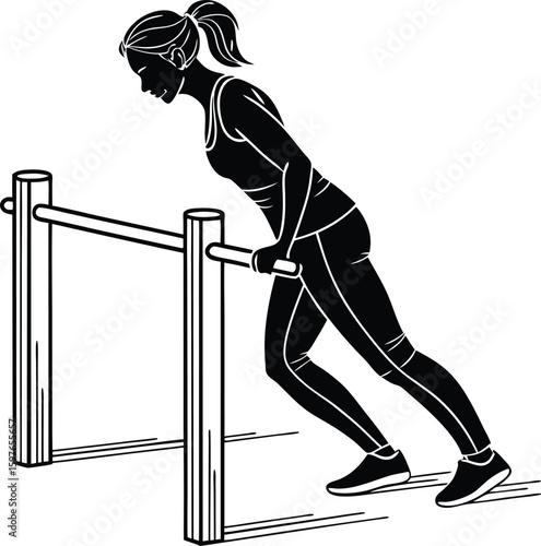 Silhouette of woman doing incline bar workout – bodyweight strength training exercise vector illustration
