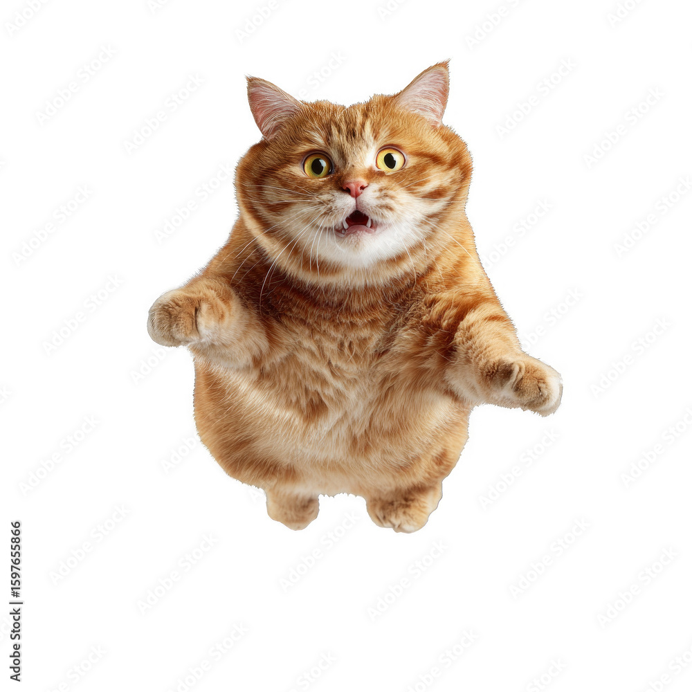 Obraz premium A fat orange cat is jumping in the air and making a surprised face