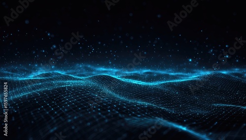 Abstract digital landscape with glowing, wave-like structures