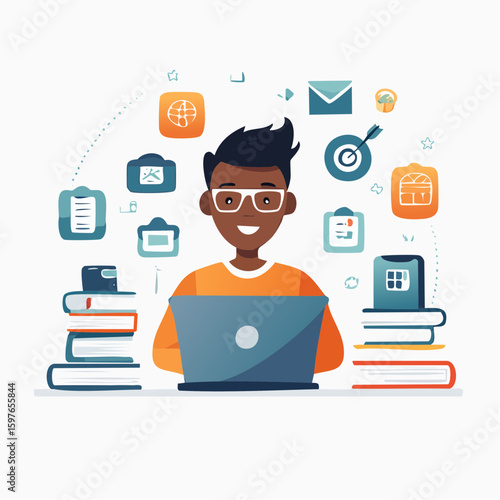 Flat vector of a student watching online class on laptop, surrounded by books and digital icons, clean and educational design