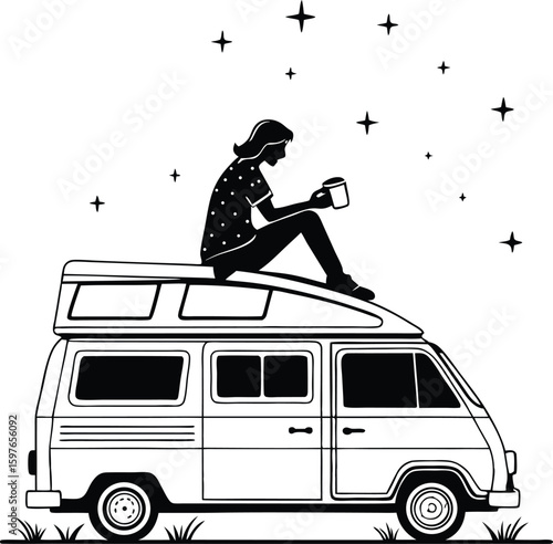 Silhouette of person sitting on camper van roof under starry night – minimalist van life vector illustration